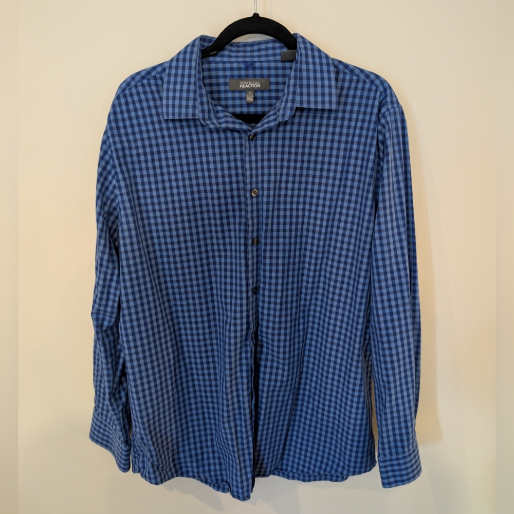 Kenneth Cole Reaction Blue Gingham Button-Up Shirt Slim Fit 17 / 34-35 Worn Once